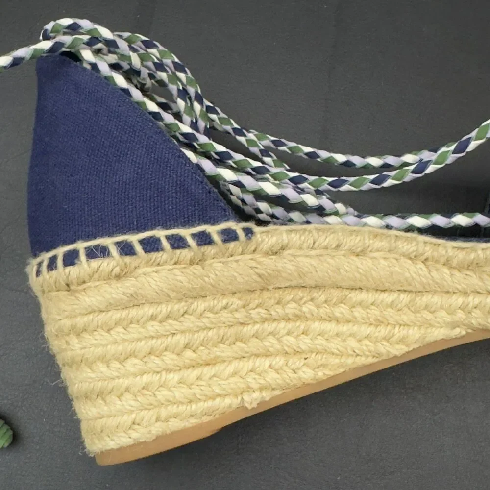 Tory Burch Laguna Espadrille Wedge Shoes Navy Blue Green Lace Up 8.5 NEW